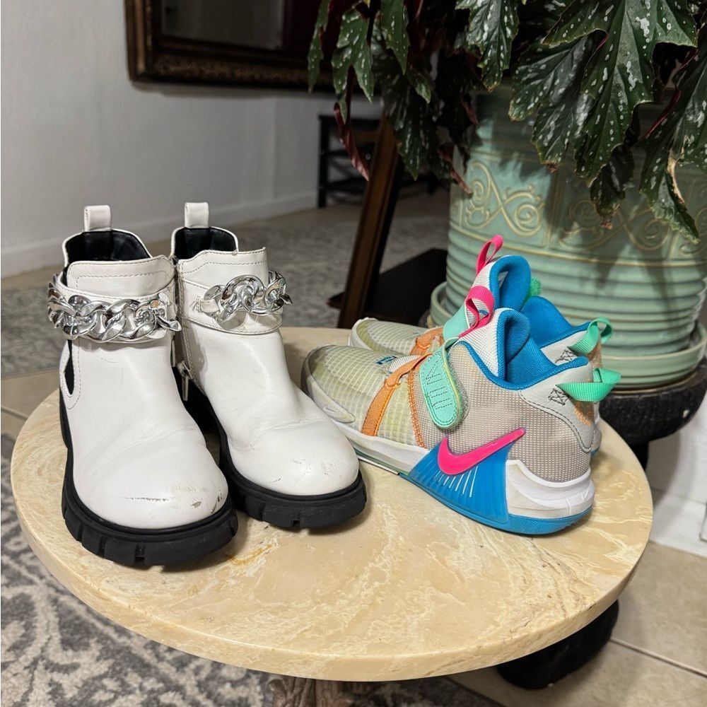 Bundle. Wonder Nation White Boots with Silver Chain and Nike Sneakers.
